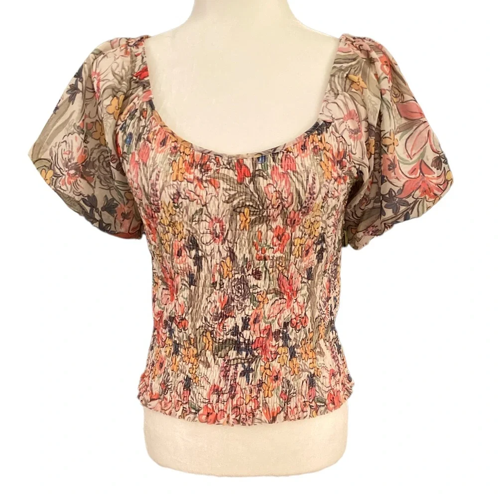Anthropologie Aurelia Smocked Floral Puff Sleeve Cropped Crinkle Top - S - Picture 3 of 14